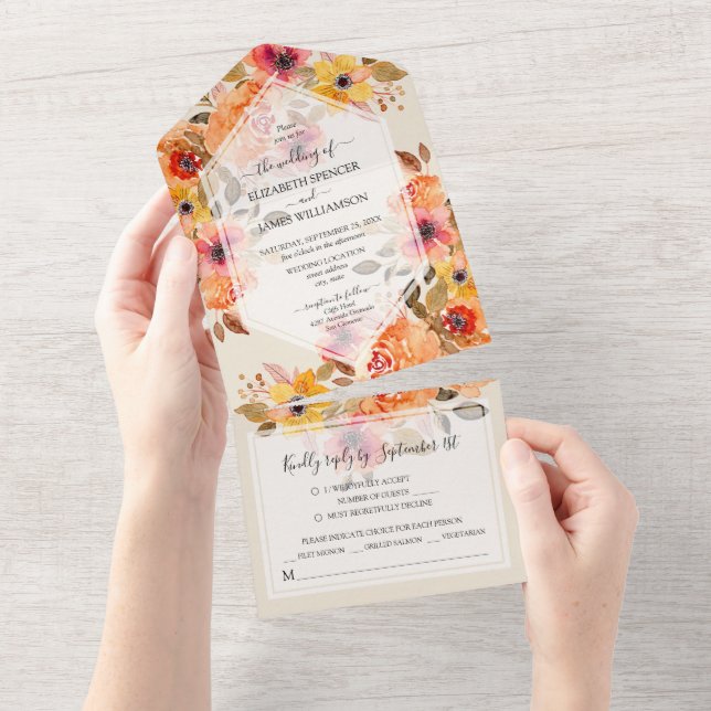 Invitation Tout En Un Aquarelle Chute Mariage floral (Déchirure)