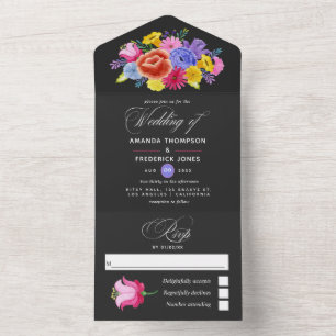Invitation Tout En Un Aquarelle colorée Floral Fiesta Mariage tout en O