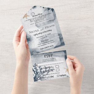 Invitation Tout En Un Aquarelle Étoile de Mer Corail Bleu Mariage