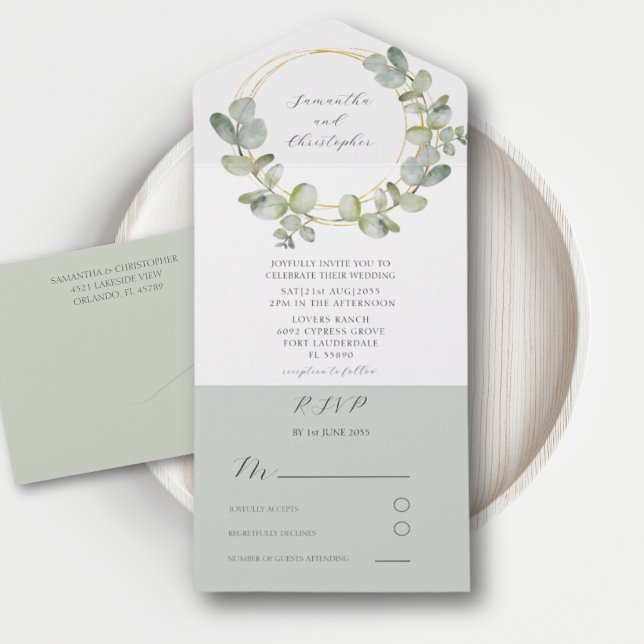 Invitation Tout En Un Aquarelle Eucalyputus Verdure & Mariage Or (Créateur téléchargé)