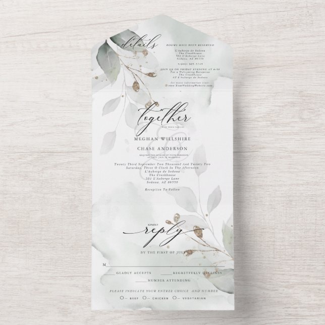 Invitation Tout En Un Aquarelle feuillage vert poussiéreux (À l'intérieur)