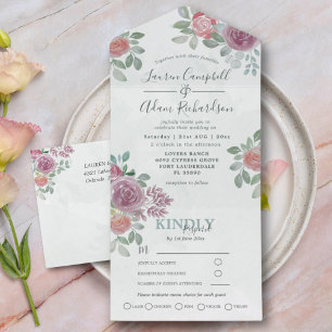 Invitation Tout En Un aquarelle fleurie Bourgogne & Mariage orange brûlé