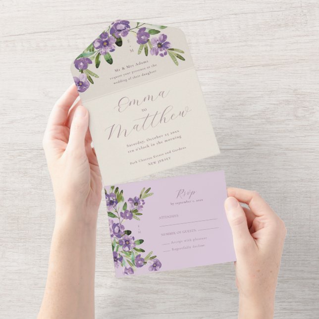 Invitation Tout En Un Aquarelle Fleurs rustiques Mariage violet (Déchirure)