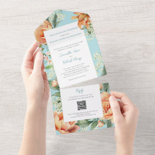 Invitation Tout En Un Aquarelle Floral élégant mariage bleu