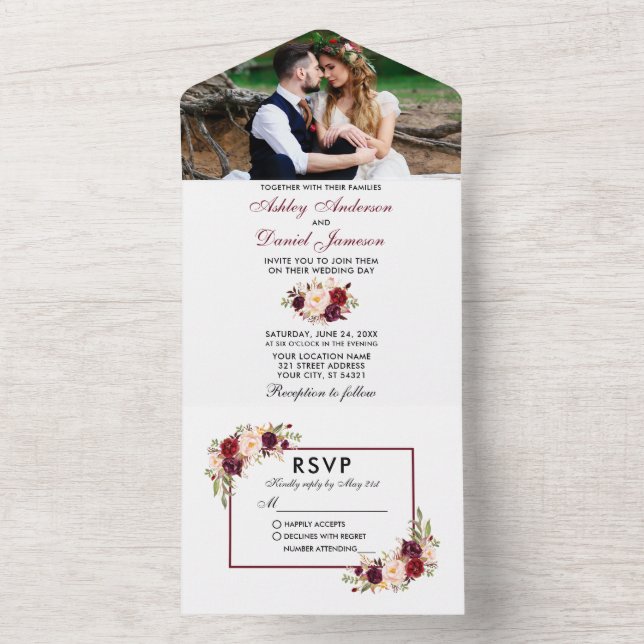 Invitation Tout En Un Aquarelle Floral Mariage photo Bourgogne (À l'intérieur)