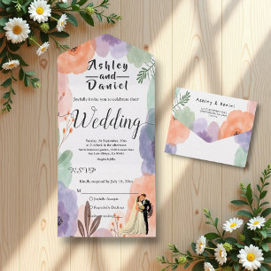Invitation Tout En Un Aquarelle Floral Romantique Couple Élégant Mariage