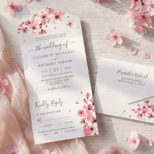 Invitation Tout En Un Aquarelle Floral rose cerisier Mariage