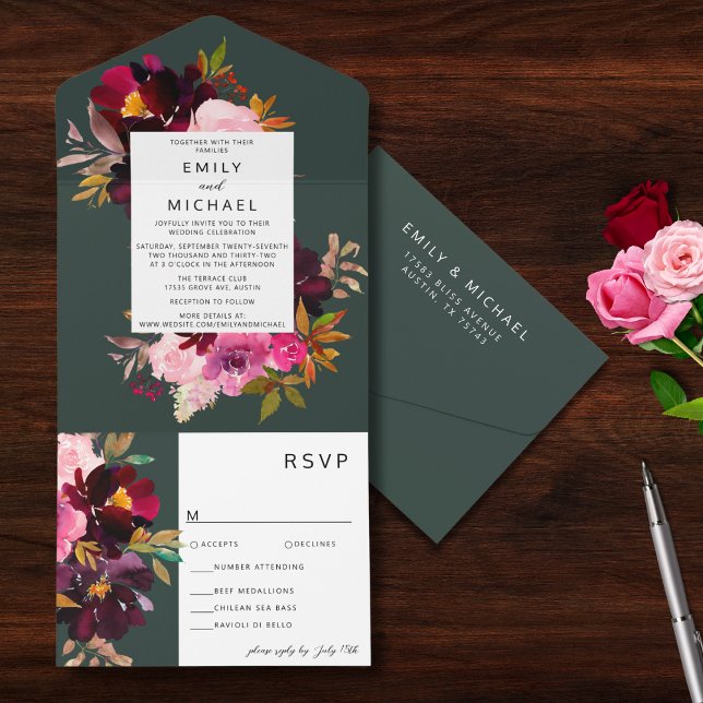 Invitation Tout En Un Aquarelle florale de la Bourgogne verte (Créateur téléchargé)