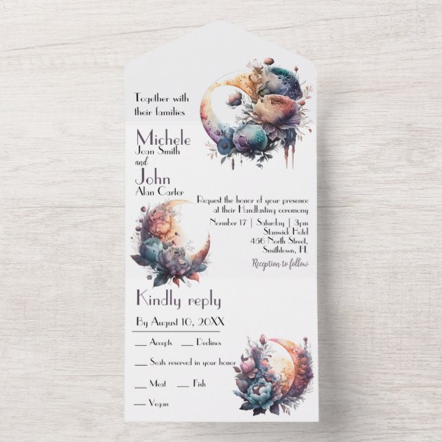 Invitation Tout En Un aquarelle florale gothique lune Handfasting (À l'intérieur)