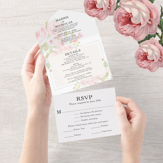Invitation Tout En Un Aquarelle florale rose rose pâle mariage (Wedding Blush Dusty Pink Rose Floral Watercolor All In One Invitation)