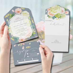 Invitation Tout En Un Aquarelle Florale sur Mariage bleu Dusty