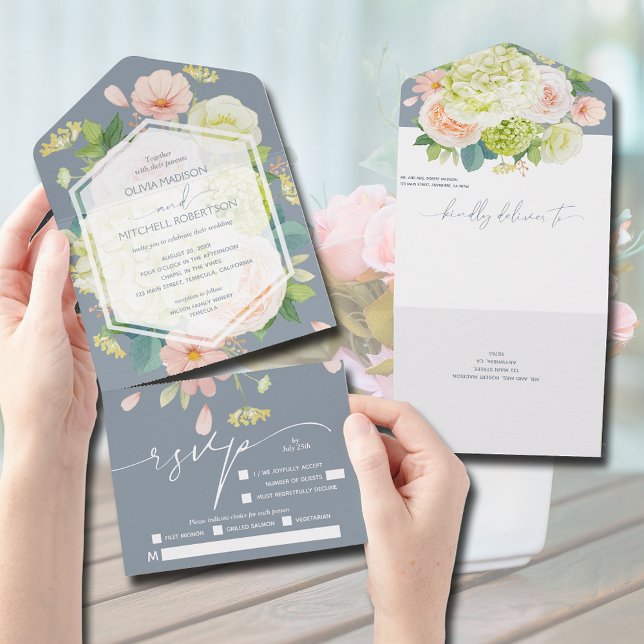 Invitation Tout En Un Aquarelle Florale sur Mariage bleu Dusty (Créateur téléchargé)