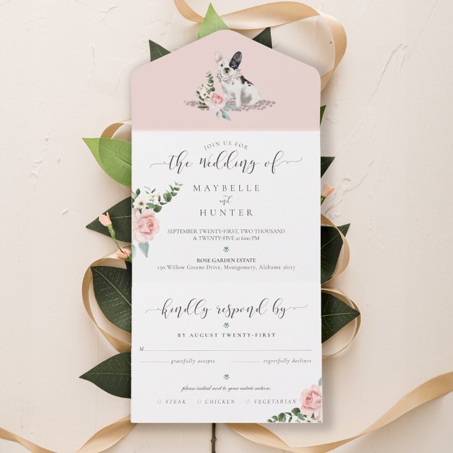 Invitation Tout En Un Aquarelle French Buldog Pet & Rose Florale (Watercolor French Bulldog Pet & Floral Pink Rose All In One Invitation)