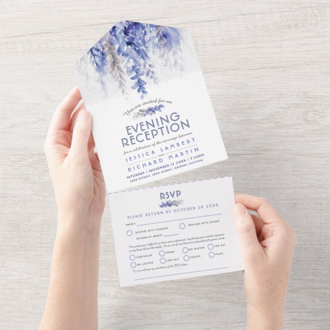 Invitation Tout En Un Aquarelle hiver bleu soirée réception mariage (Déchirure)