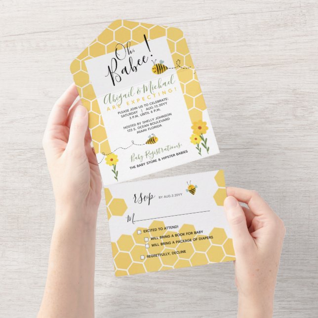 Invitation Tout En Un Aquarelle Honeypeb Bumble Bee Baby shower (Déchirure)