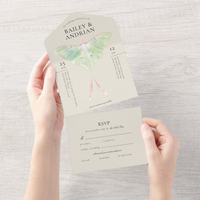 Invitation Tout En Un Aquarelle Luna Moth Mariage (Déchirure)