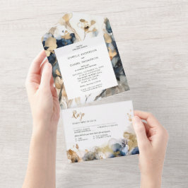 Invitation Tout En Un Aquarelle Mariage bleu et or