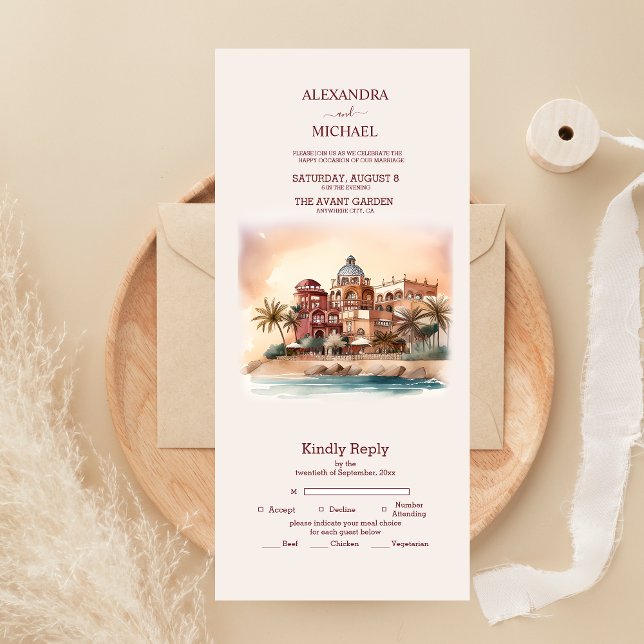 Invitation Tout En Un Aquarelle mariage de destination à Cancun au Mexiq (Créateur téléchargé)