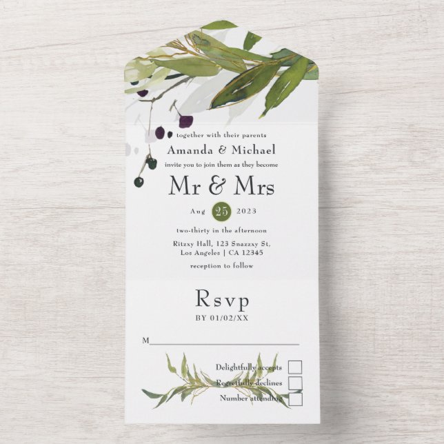 Invitation Tout En Un Aquarelle Mariage de verdure feuillus (À l'intérieur)