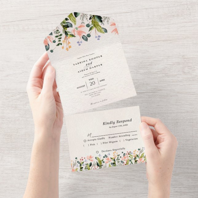 Invitation Tout En Un Aquarelle Mariage Fleur Sauvage sans joint (Déchirure)