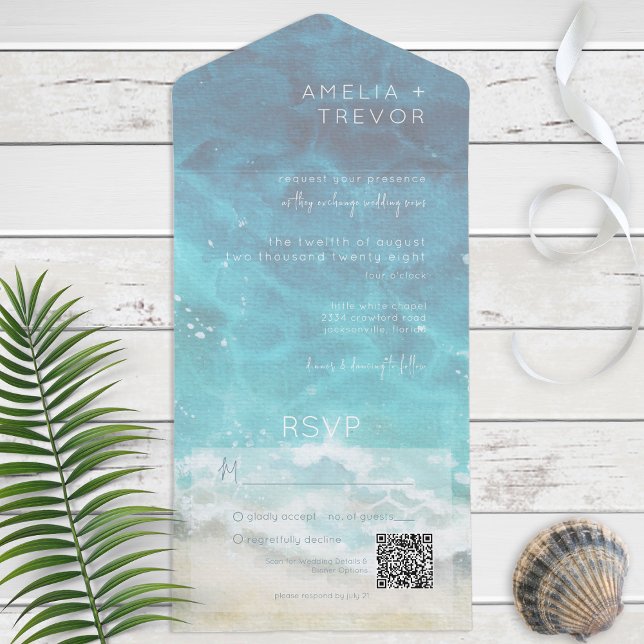 Invitation Tout En Un Aquarelle moderne Aqua Beach & Sea QR Code (Créateur téléchargé)