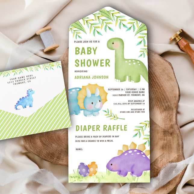 Invitation Tout En Un Aquarelle moderne Cute Little Dinosaur Baby shower (Créateur téléchargé)