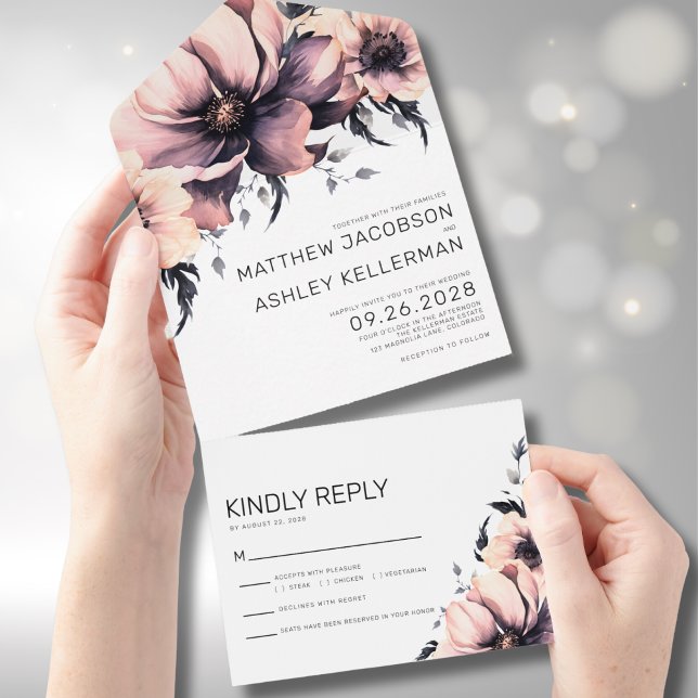 Invitation Tout En Un Aquarelle moderne élégante Couleur rose pâle (Simple Modern Boho Floral Pink Wedding All in One Invitation)