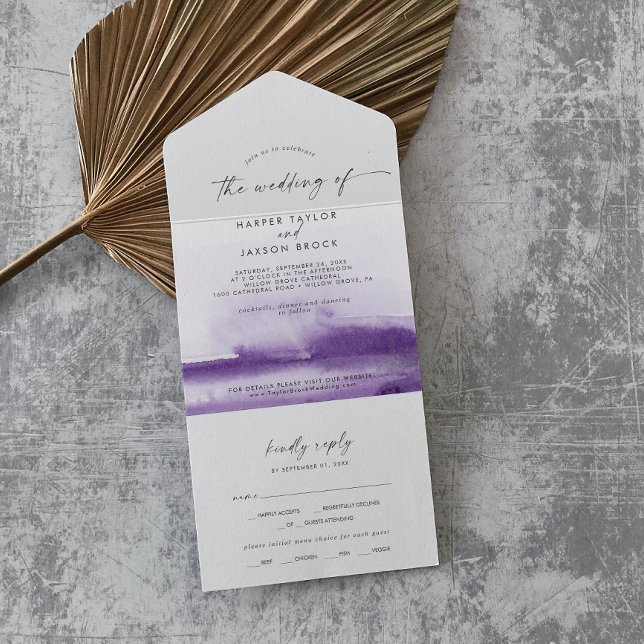Invitation Tout En Un Aquarelle moderne | Mariage violet (Créateur téléchargé)