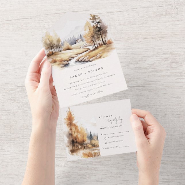 Invitation Tout En Un Aquarelle Muet Automne Mariage paysage Automne (Déchirure)