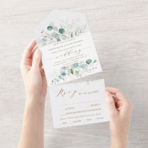 Invitation Tout En Un Aquarelle or et vert Mariage botanique tout en