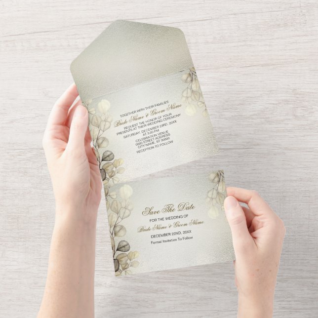 Invitation Tout En Un Aquarelle Or Eucalyptus Foliage Mariage brillant (Déchirure)