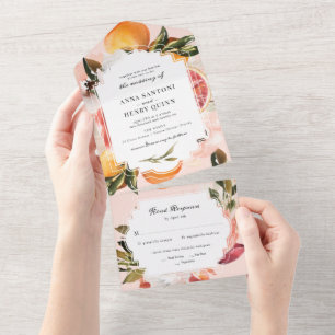 Invitation Tout En Un Aquarelle orange Citrus Mariage vert
