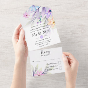 Invitation Tout En Un Aquarelle Pastel colorée Mariage floral