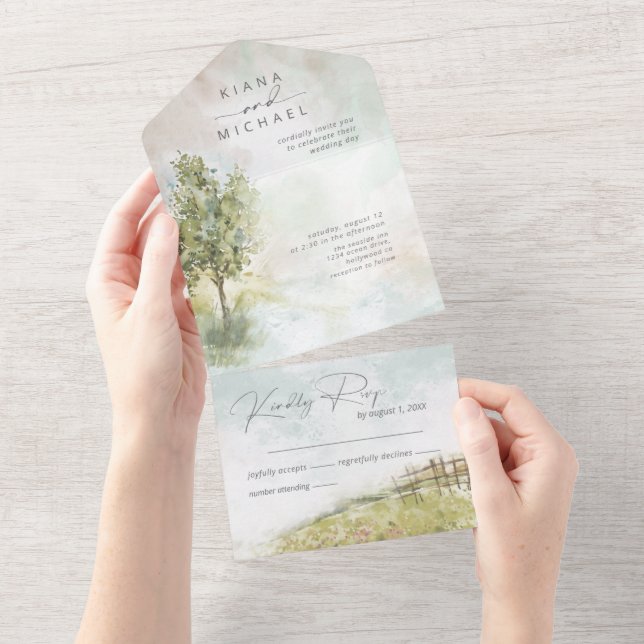 Invitation Tout En Un Aquarelle Paysage Mariage Sage Green ID786 (Déchirure)
