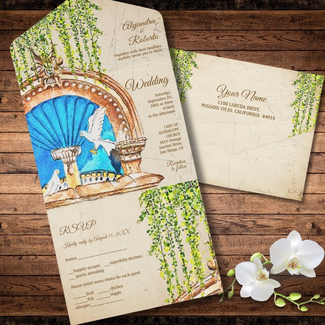 Invitation Tout En Un Aquarelle peinte à la main Rustique Vieux Mexique  (Créateur téléchargé)