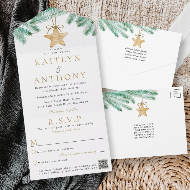 Invitation Tout En Un Aquarelle Pine Boughs Noël Mariage d'hiver (Créateur téléchargé)