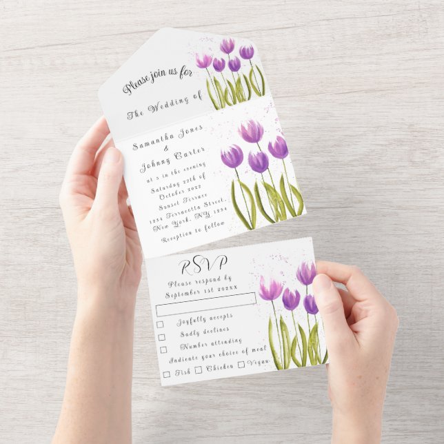 Invitation Tout En Un Aquarelle pourpre Tulipe Printemps Mariage élégant (Déchirure)