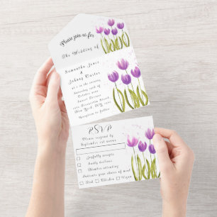 Invitation Tout En Un Aquarelle pourpre Tulipe Printemps Mariage élégant