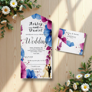 Invitation Tout En Un Aquarelle Purple Blue Flowers Mariage élégant