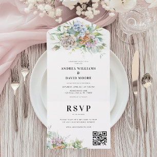 Invitation Tout En Un Aquarelle Ressort Floral Romantique QR Code Mariag