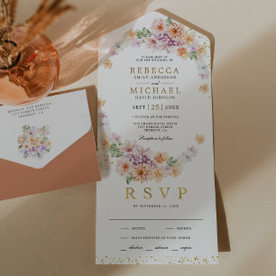 Invitation Tout En Un Aquarelle Ressort Mariage or floral