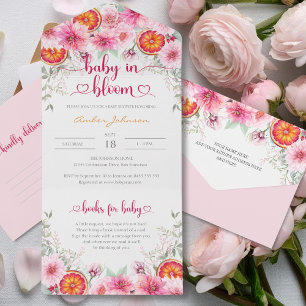 Invitation Tout En Un Aquarelle rose douce Fleurs et Baby shower d'agrum