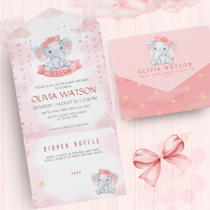 Invitation Tout En Un Aquarelle rose Eléphant Baby shower fille