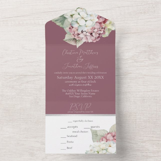 Invitation Tout En Un Aquarelle rose et blanc Fleurs d'hydrangée sur le  (À l'intérieur)