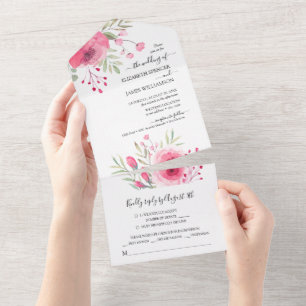 Invitation Tout En Un Aquarelle rose Fleurs Mariage