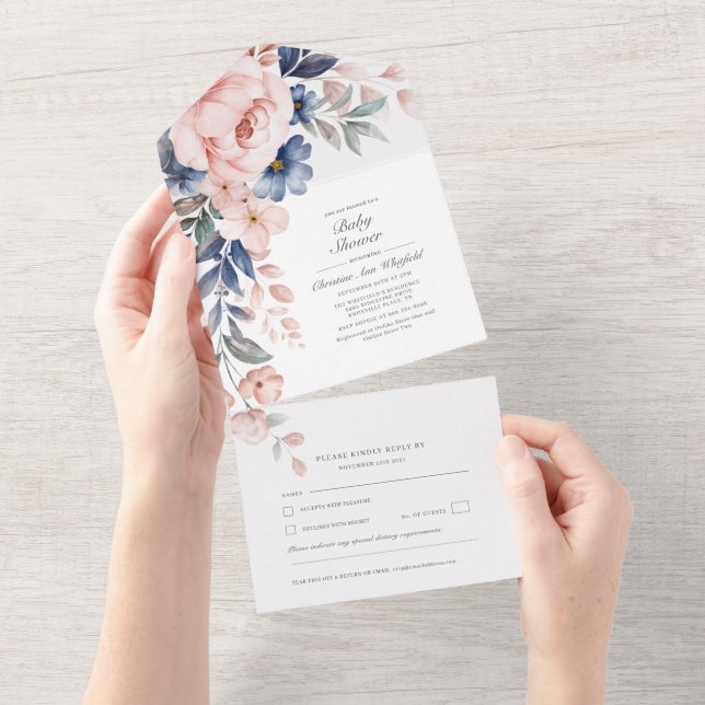 Invitation Tout En Un Aquarelle rose Floral Baby shower botanique (Déchirure)