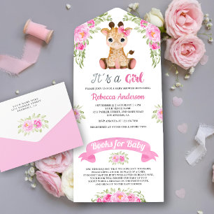 Invitation Tout En Un Aquarelle rose Floral Baby shower Giraffe