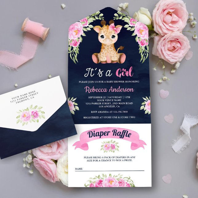 Invitation Tout En Un Aquarelle rose Floral Giraffe Marine Baby shower (Créateur téléchargé)