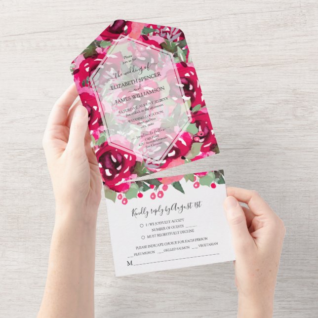 Invitation Tout En Un Aquarelle rose Mariage (Déchirure)