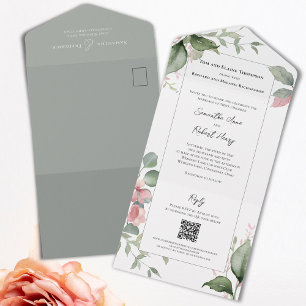 Invitation Tout En Un Aquarelle rose pâle Mariage Floral